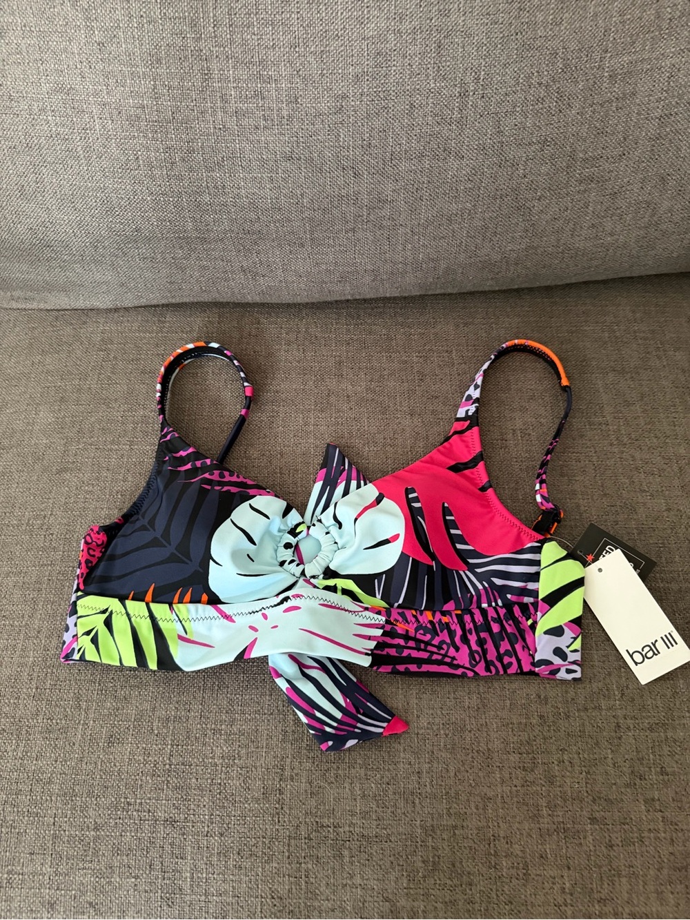 Bar III Neon Floral Knot Bikini Top - Pink, Aqua, Lime, Navy